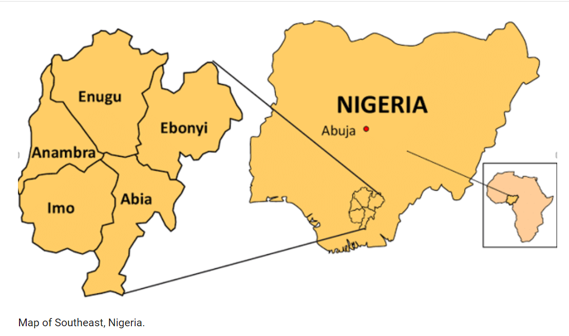 Maps showing south east states in Nigeria